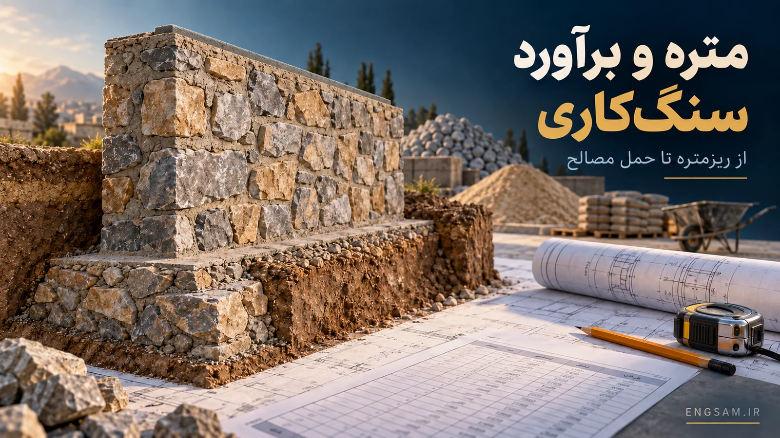 آموزش گامبهگام متره و برآورد دیوار سنگ لاشه، اضافهبها و حمل مصالح